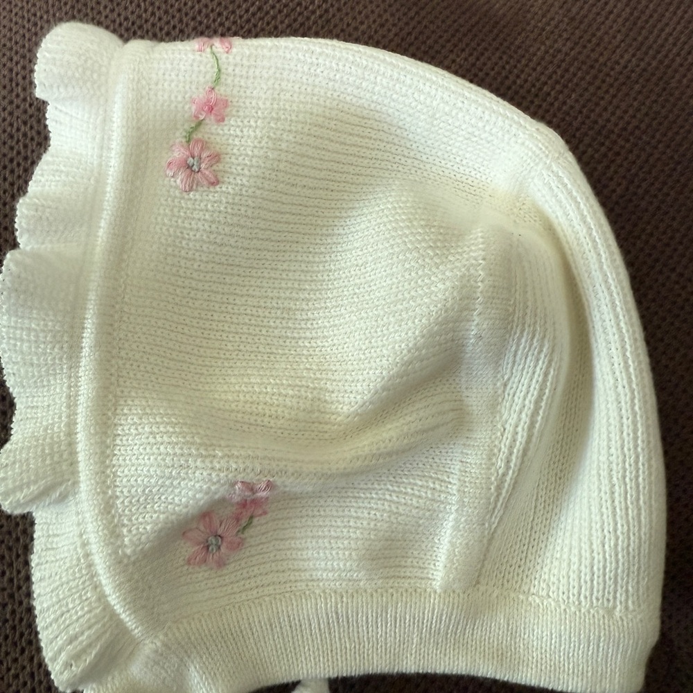 Sarah Louise White and Pink Floral Embroidered Baby Hat Bonnet